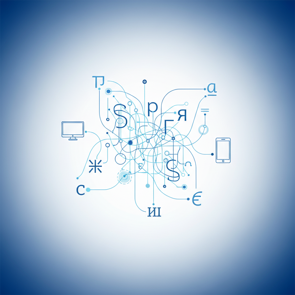 An abstract depiction of AI and neural networks, symbolizing future advancements in writing assistance, with glowing lines connecting different language symbols and device icons