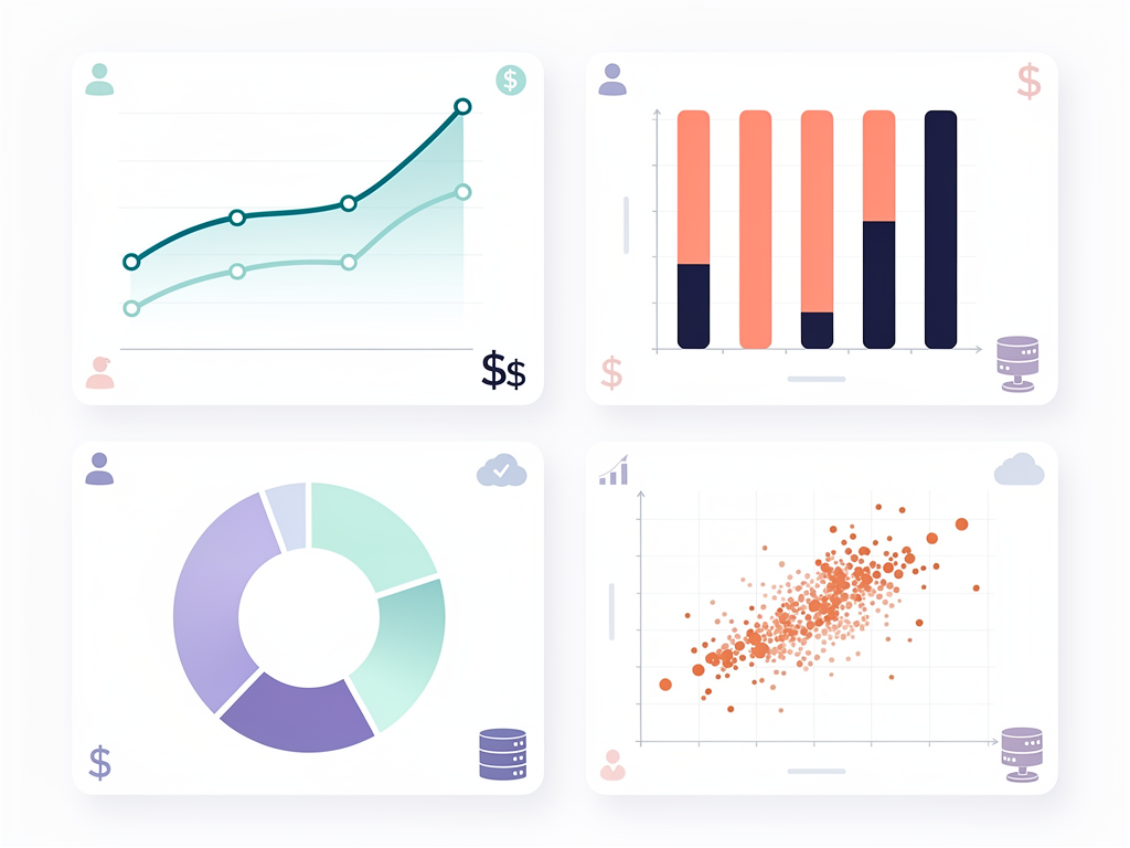 Infographic comparing different Chart.js chart types arranged in a grid layout, showing line chart for time series data, bar chart for categorical comparison, doughnut chart for composition analysis, and scatter plot for correlation discovery, each with sample SaaS metrics and clean iconographic styling