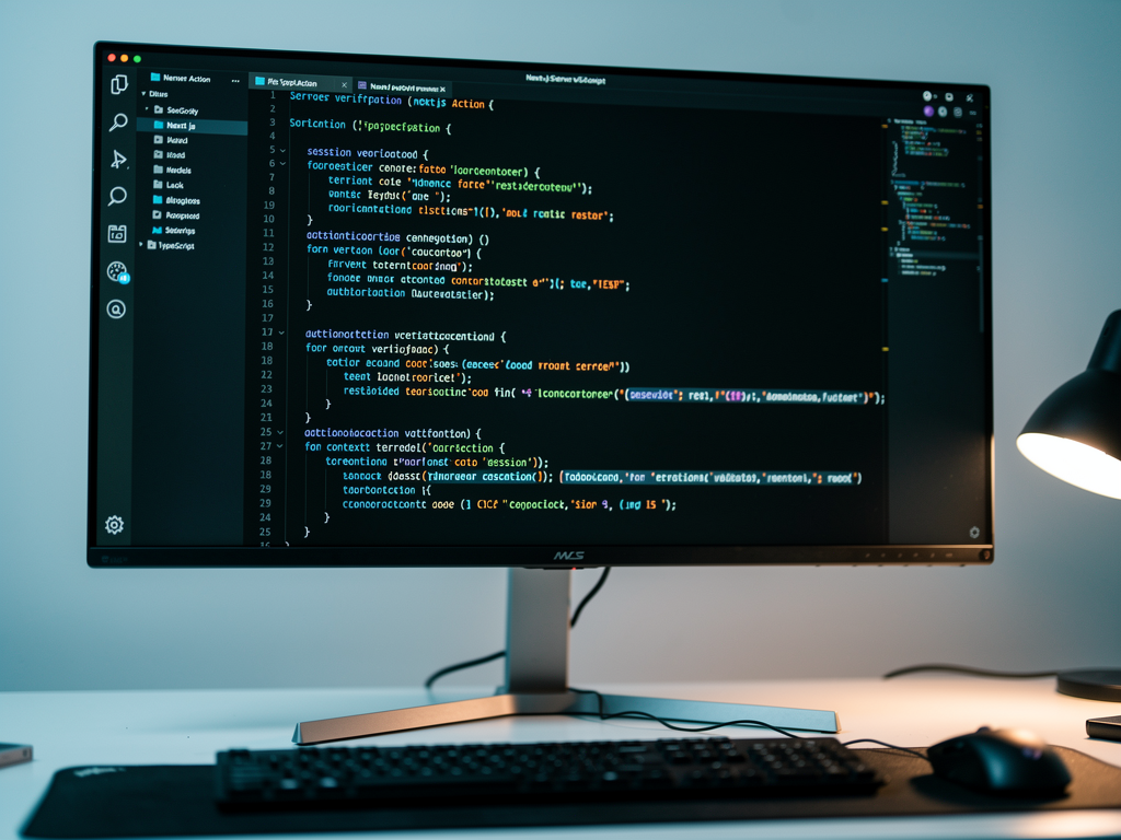 Code editor showing a Next.js Server Action implementation with authentication checks highlighted, including session verification, tenant context resolution, and authorization validation before database operations, displayed in VS Code with dark theme and syntax highlighting