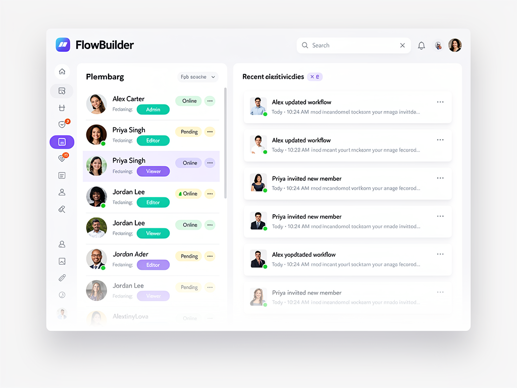 Team collaboration interface showing a list of team members with role badges, invitation status indicators, and action buttons for role changes and removal, alongside a panel showing recent activity feed with user avatars and timestamps for each action