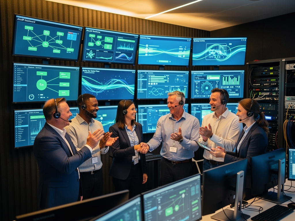 A celebratory moment in a corporate AV control room with technical staff and project stakeholders gathered around monitoring stations displaying successful system integration metrics, warm lighting creating a sense of accomplishment and teamwork