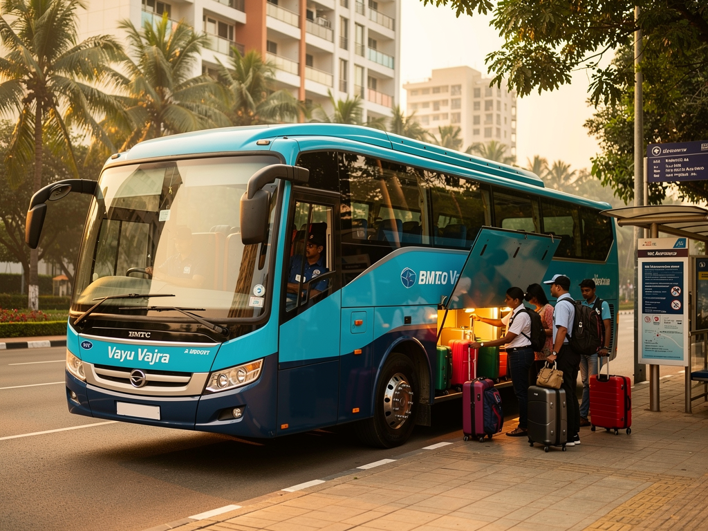 BMTC Vayu Vajra bus luggage compartment being loaded by passengers and conductor, showing large suitcases being stored in the lower storage area while travelers board through the front door