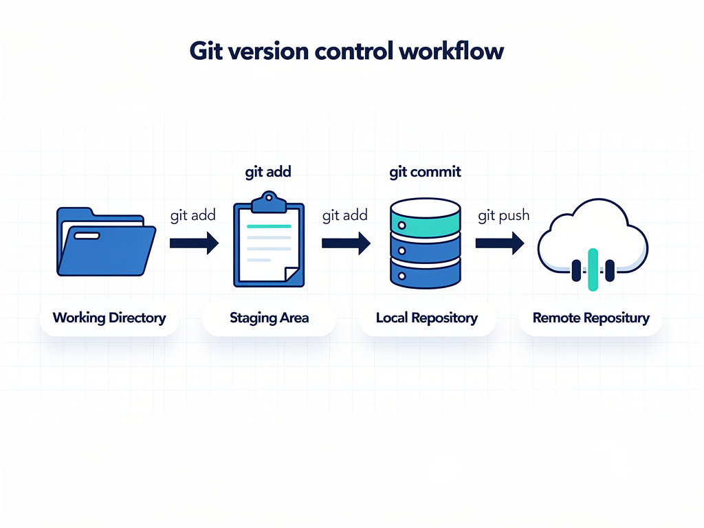 A flowchart infographic showing the Git workflow from working directory through staging area to local repository to remote repository, with command names labeled at each transition point, using clean icons and directional arrows in a blue and white color scheme