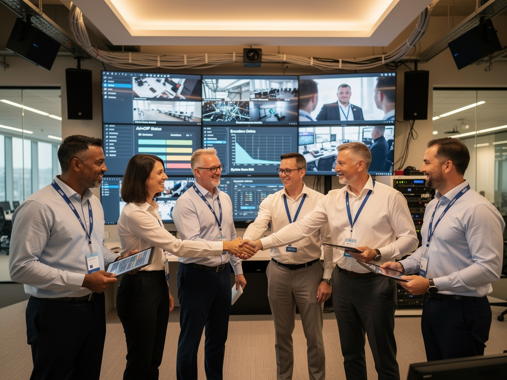 A team of AV professionals and building engineers shaking hands after successful project completion, with integrated control room displays visible in the background showing operational systems, captured in warm celebratory lighting