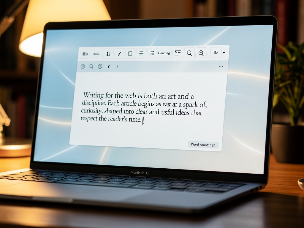 Close-up view of a laptop screen showing a content management system with an article introduction being edited, cursor blinking at the end of a compelling opening paragraph. The screen shows formatting toolbar and word count indicator, with warm ambient lighting reflecting off the screen.