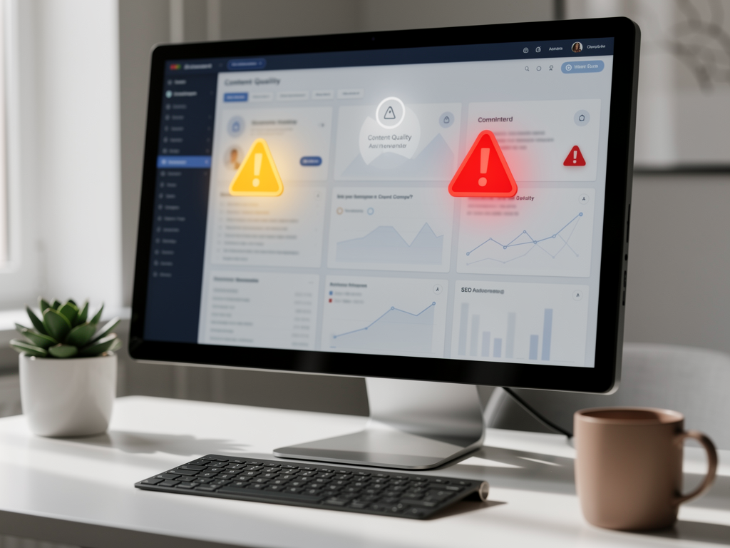 Warning sign graphic overlaid on content management dashboard showing common automation mistakes including thin content alerts, brand voice inconsistency flags, and broken internal link notifications