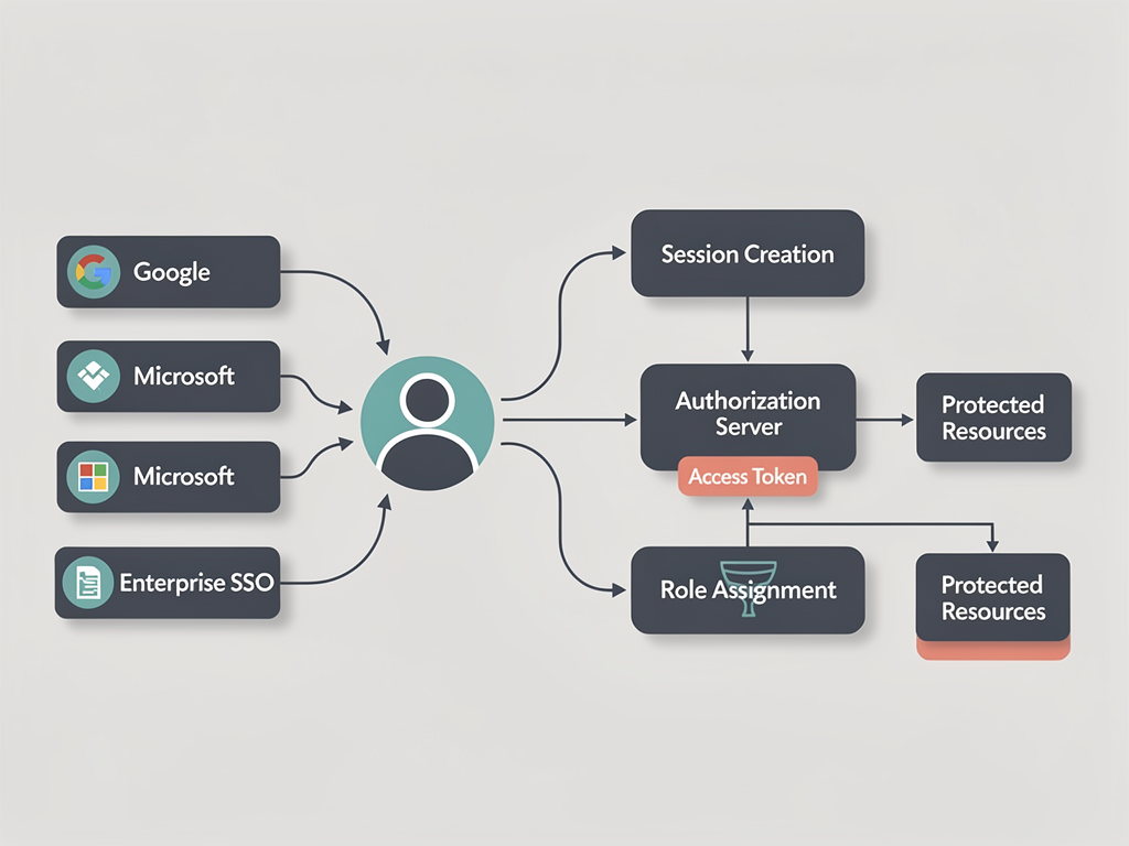 Detailed flowchart diagram illustrating OAuth authentication flow with multiple providers, showing token exchange, session creation, and role assignment steps connected by directional arrows on light gray background