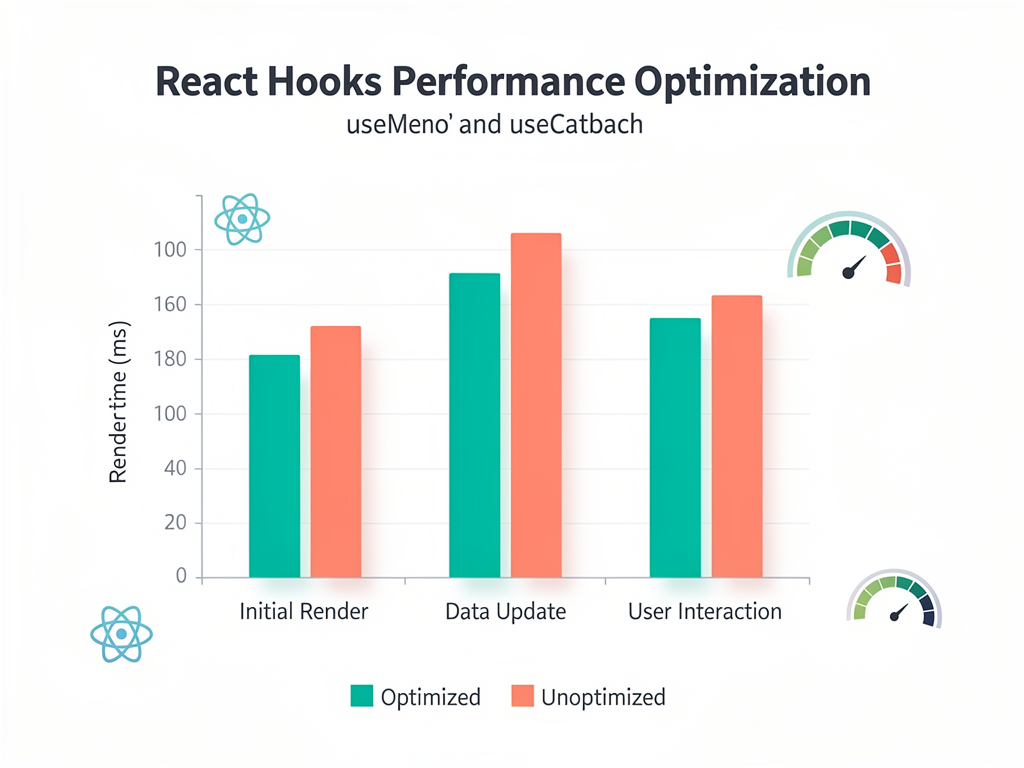 Performance comparison chart showing render times with and without useMemo and useCallback optimization in a SaaS dashboard context, with bar graphs comparing milliseconds for initial render, data update, and user interaction scenarios, styled as a clean data visualization