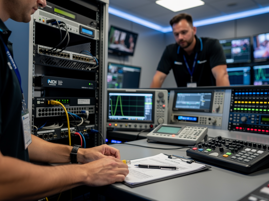 Technical team conducting failover testing in a broadcast facility, engineer intentionally disconnecting network cable while colleague monitors video output on reference display, clipboard with test documentation visible, professional testing environment with measurement equipment