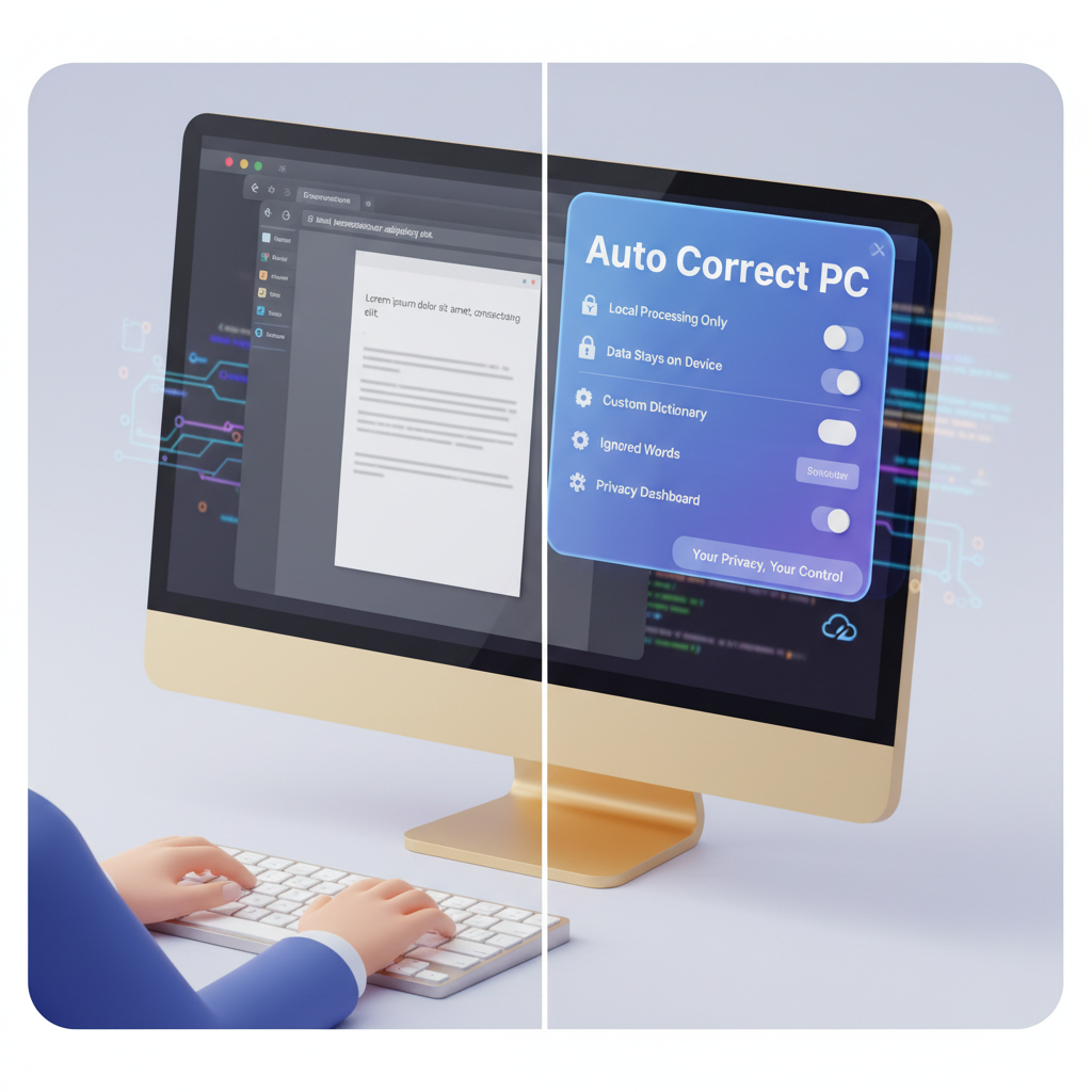 A split screen showing a user's desktop on one side and a floating overlay with AutoCorrect PC's settings and customization options on the other.