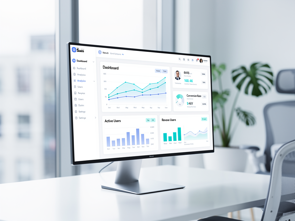 Modern dashboard interface showing a SaaS platform control panel with analytics widgets, user management sections, and navigation sidebar, displayed on a large monitor in a well-lit startup office environment with clean minimalist design