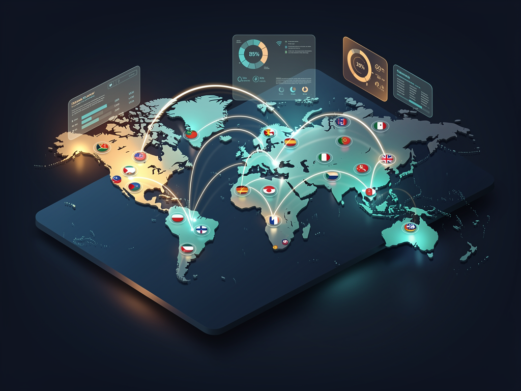 World map visualization showing content distribution across multiple languages with flag icons, translation status indicators, and regional traffic metrics overlaid on geographic regions, demonstrating global content automation reach