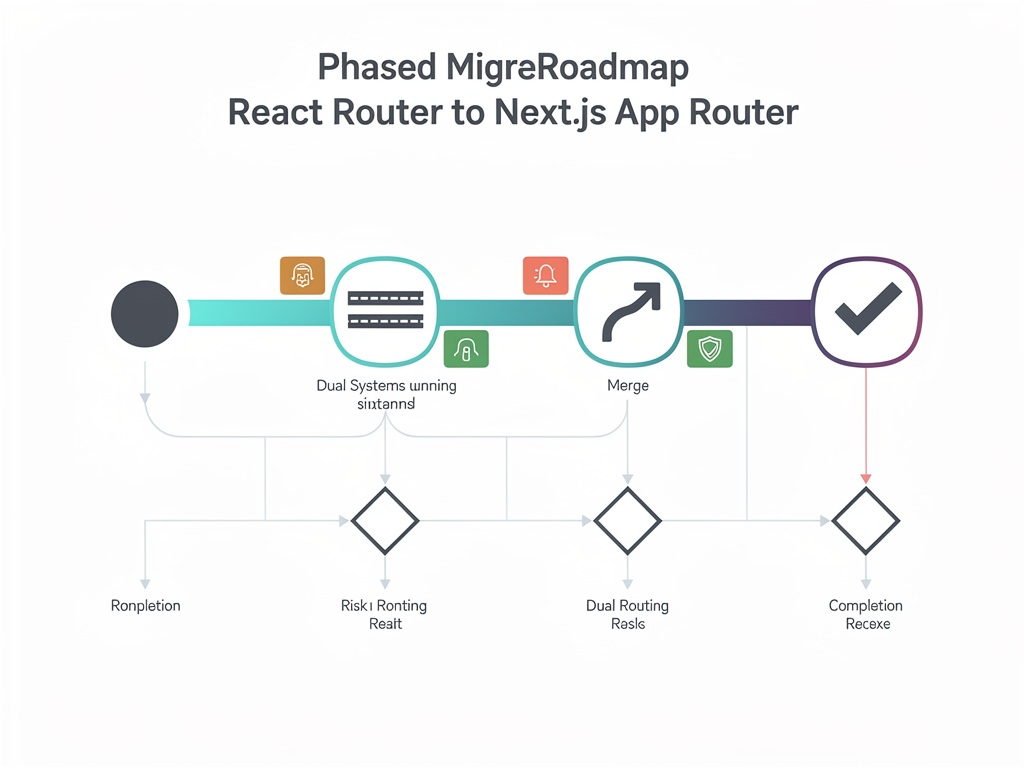 Migration roadmap infographic showing phased approach to transitioning from React Router to Next.js App Router, with timeline milestones, risk indicators, and parallel running strategies depicted with clean icons and flowchart elements