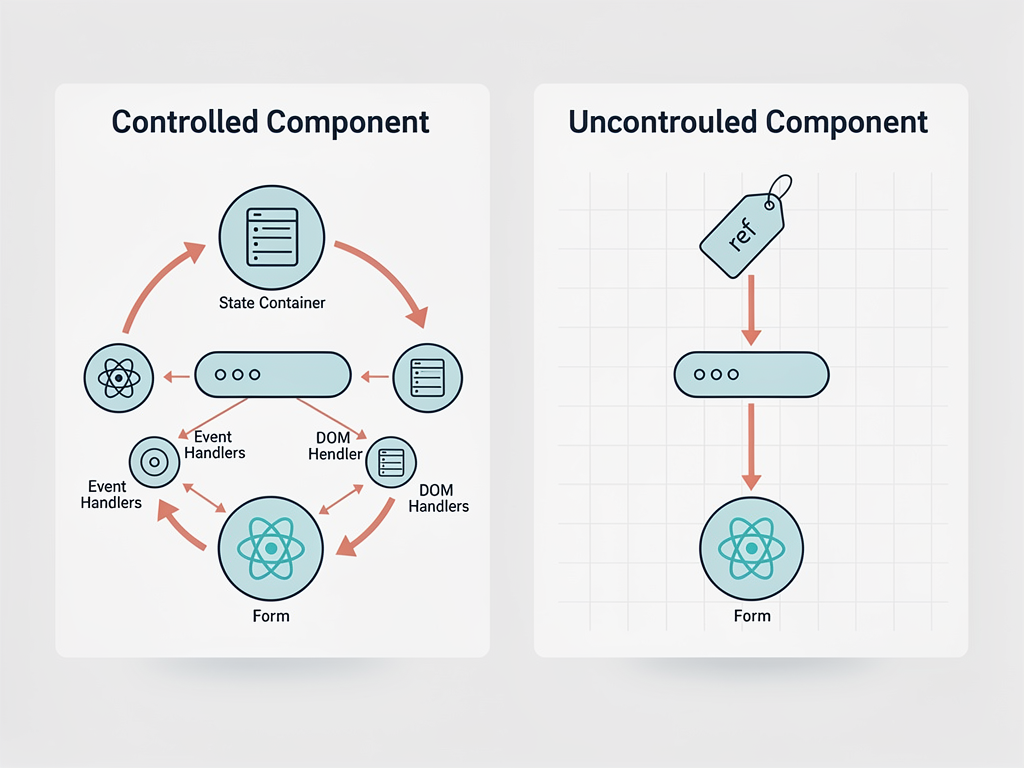 Side-by-side code comparison showing controlled versus uncontrolled form components in React, with annotations highlighting state management differences and use cases in a clean developer documentation style