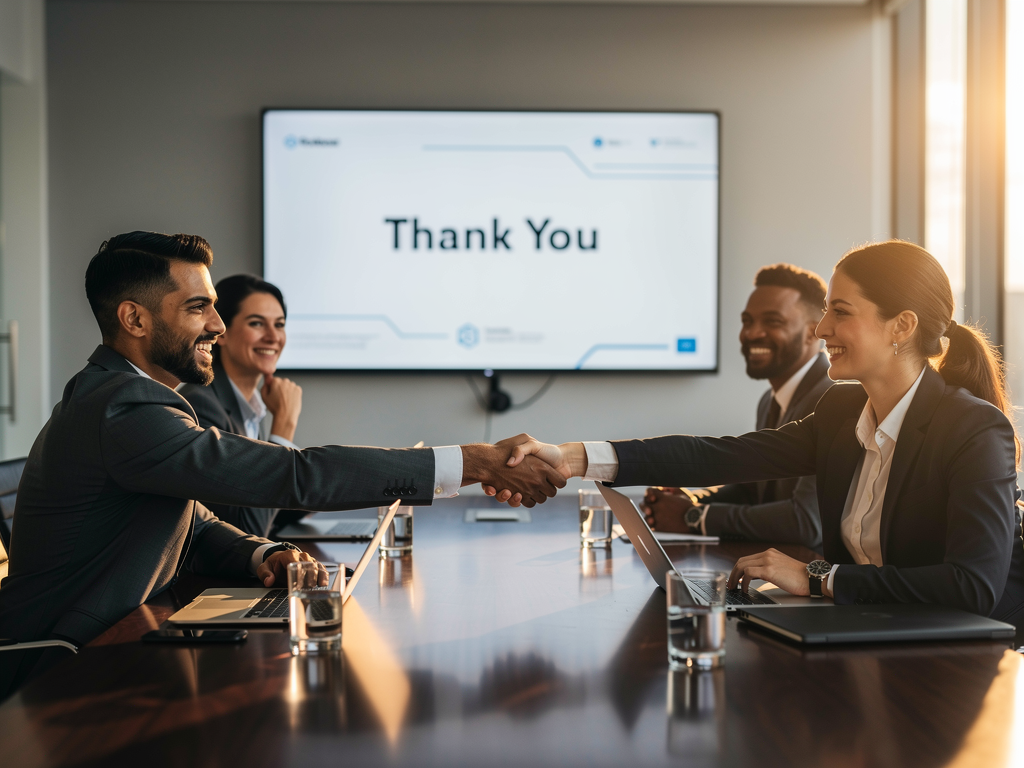 Business team celebrating successful presentation in a boardroom with handshakes and smiles, large display showing 'Thank You' slide, afternoon sunlight streaming through windows, professional attire and confident expressions