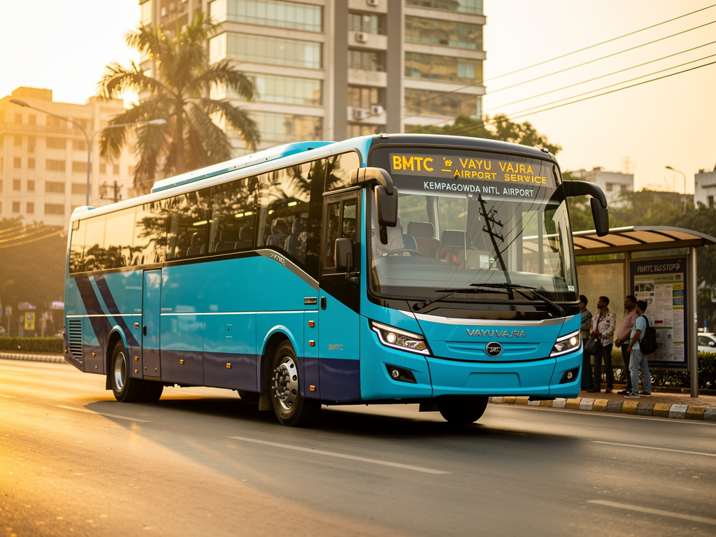 Interior view of a BMTC Vayu Vajra bus showing comfortable reclining seats with blue fabric upholstery, air conditioning vents above, wide windows letting in natural light, clean aisle with grab handles, modern LED lighting strips