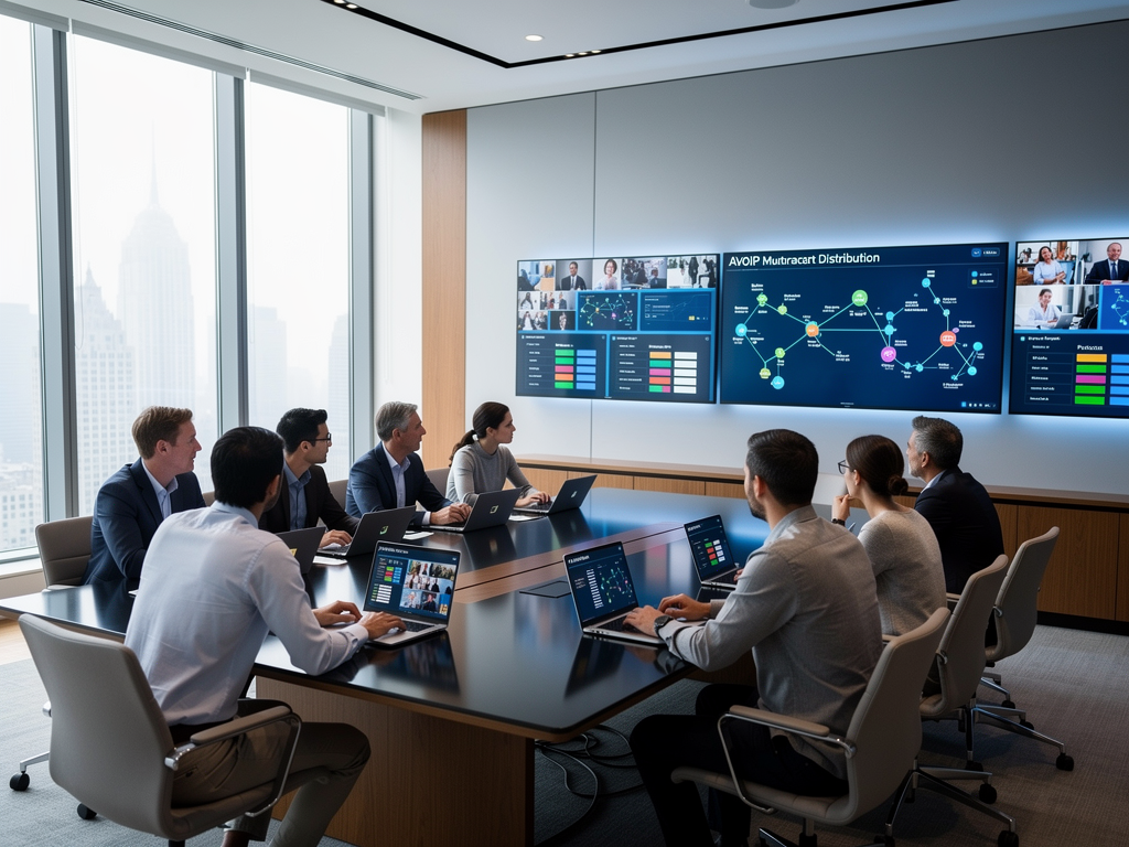A conference room featuring multiple displays showing synchronized content from an AVoIP system. IT professionals discuss deployment strategies around a table with laptops displaying network topology diagrams. Natural daylight streams through floor-to-ceiling windows, creating a professional corporate atmosphere.
