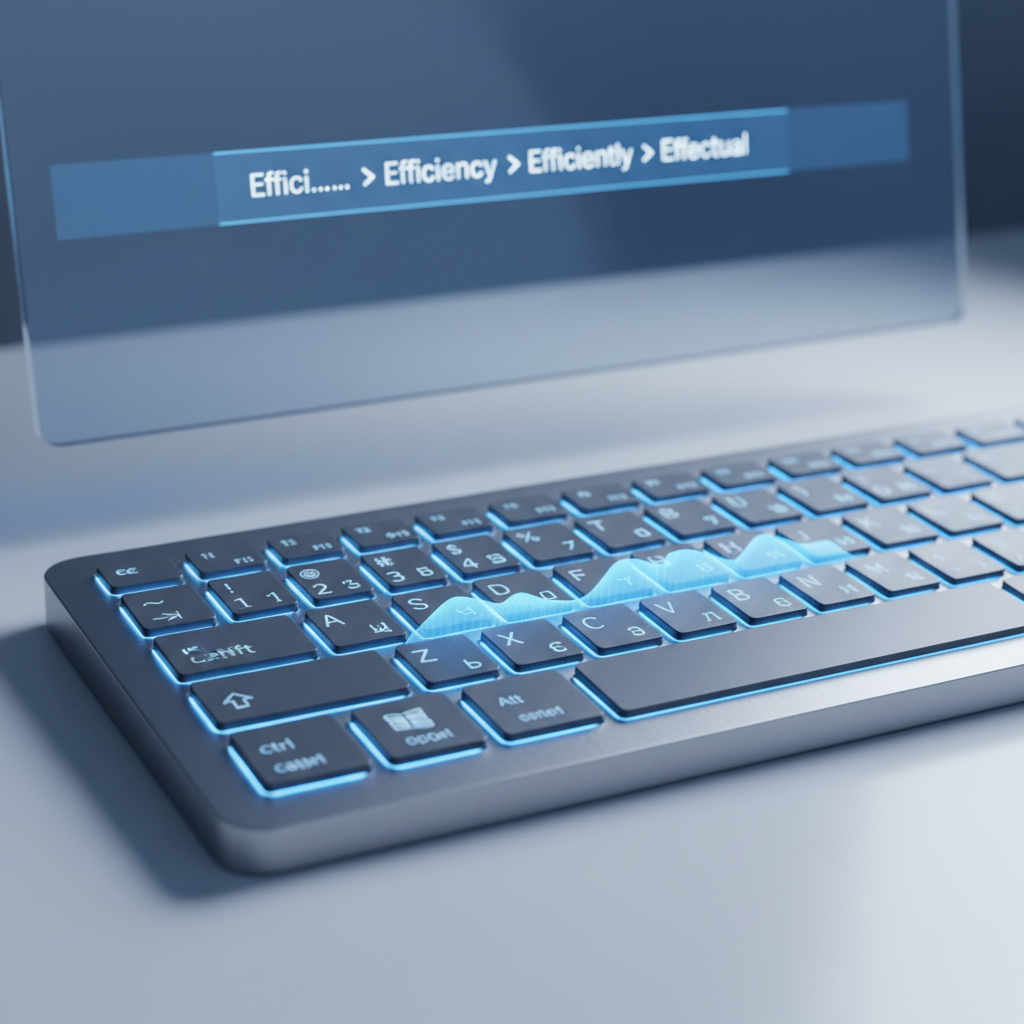 A close-up, slightly elevated shot of a modern, sleek PC keyboard with subtle, glowing blue highlights emanating from the keys, suggesting advanced technology and autocorrect functionality, with a soft-focus background of a digital interface displaying predictive text suggestions, captured with a shallow depth of field, in a high-tech, clean aesthetic with a cool color palette of blues, grays, and whites, conveying efficiency and precision, as a professional editorial photograph.