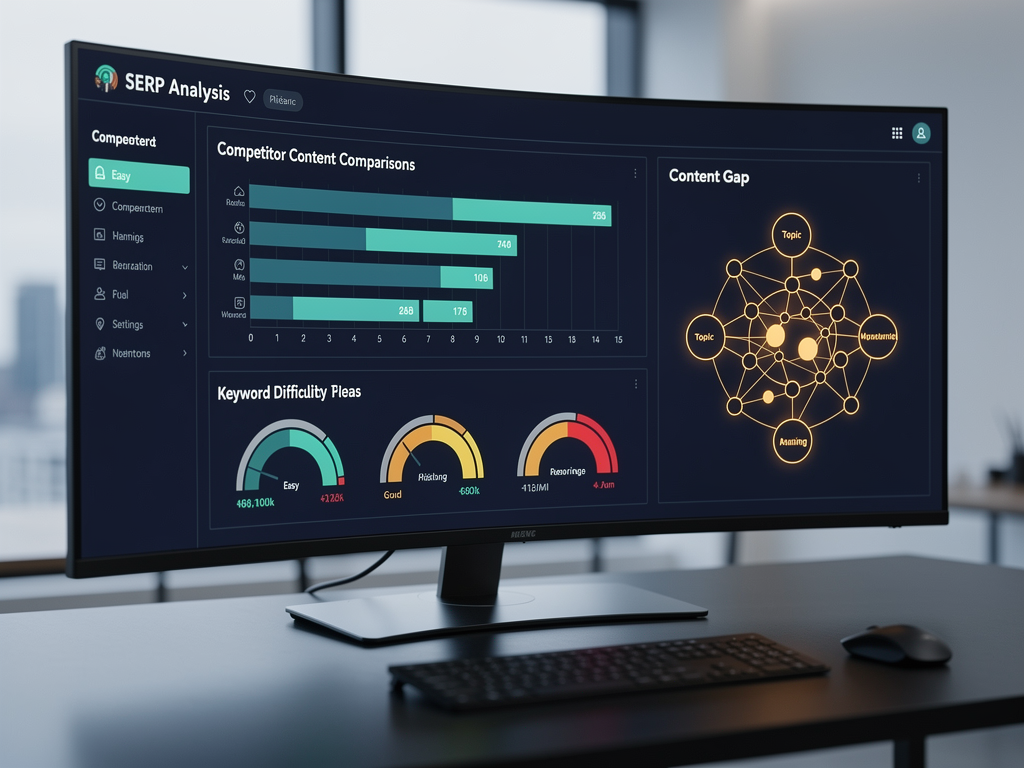 Dashboard interface showing SERP analysis with competitor content comparison, keyword difficulty metrics, and content gap visualization, data-rich display with charts and ranking position indicators