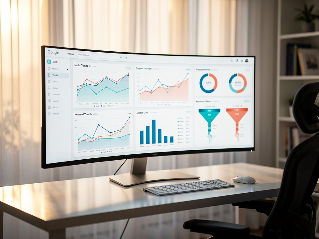 Analytics dashboard showing comprehensive content performance metrics including traffic trends, keyword rankings, engagement rates, and conversion data, multiple chart types including line graphs, bar charts, and pie charts, clean modern interface design with key metrics prominently highlighted