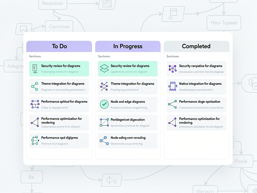 Project management board showing implementation checklist with tasks organized in columns for To Do, In Progress, and Completed, with specific diagram implementation tasks visible including security review, theme integration, and performance optimization