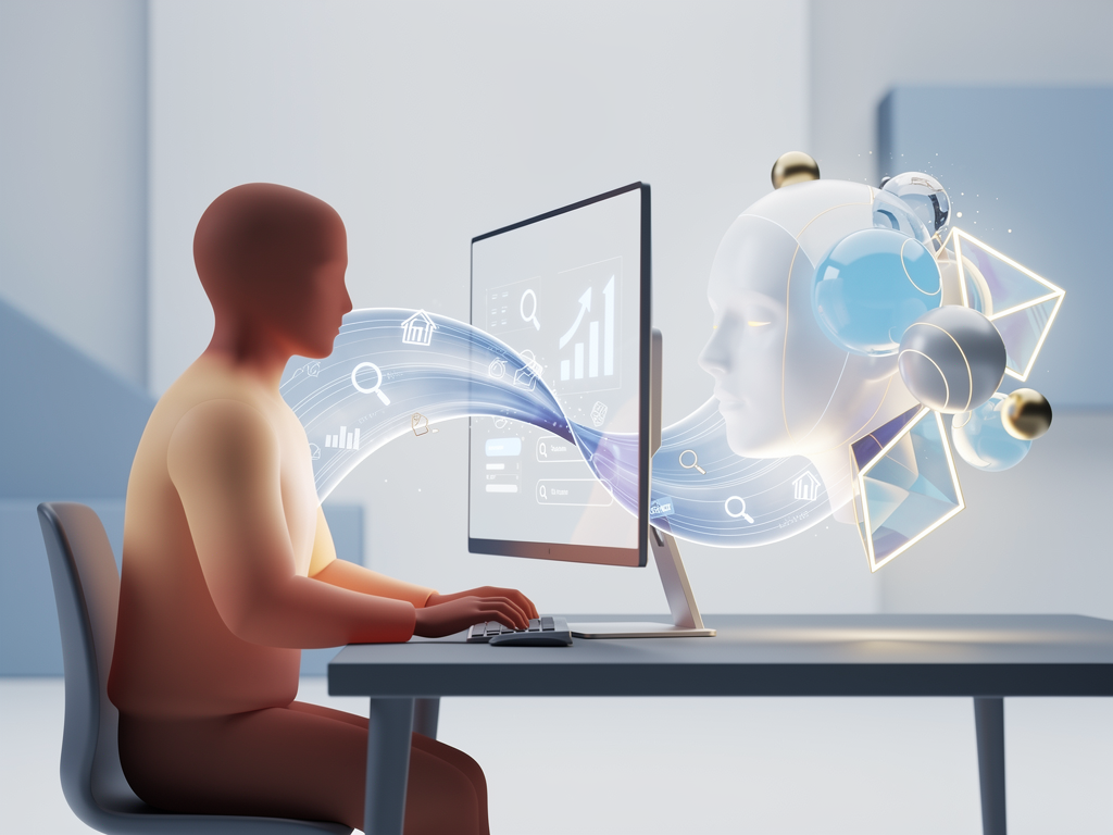A futuristic visualization of AI and human collaboration in content creation, showing a human figure working alongside abstract AI representations, flowing data streams connecting them, modern minimalist style with blue and white color palette, suggesting harmony between technology and creativity