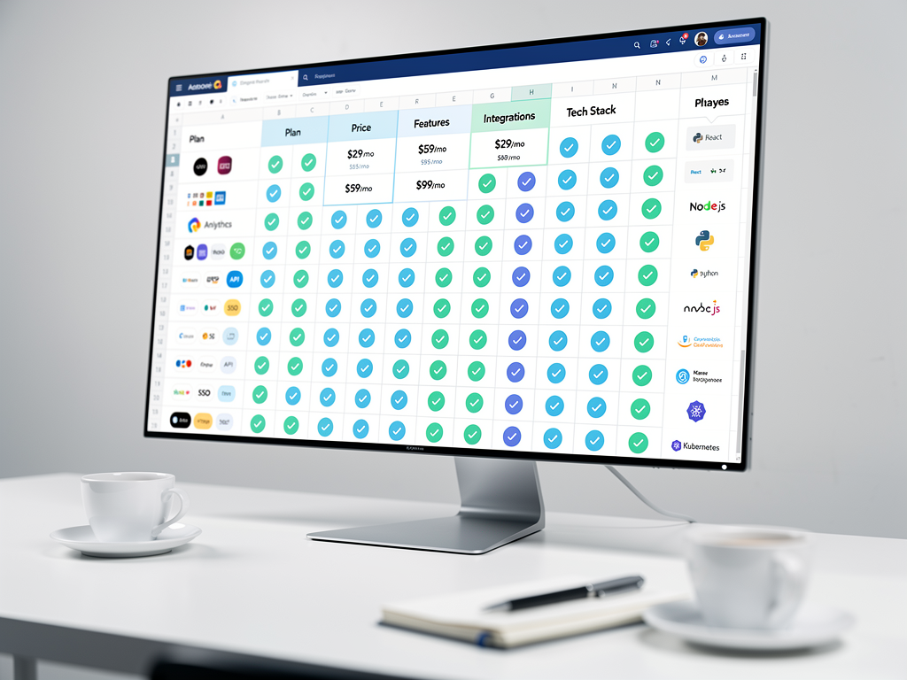 Comparison table showing feature matrices across different SaaS boilerplate solutions with checkmarks for included features, pricing tiers, and technology stack details organized in a clean spreadsheet-style layout