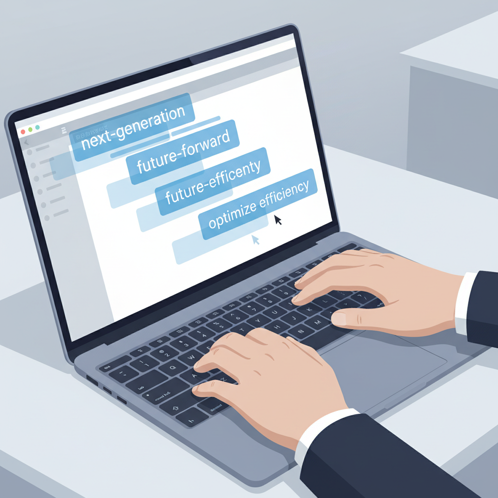 A person typing on a laptop keyboard, with a glowing blue overlay showing predictive text suggestions appearing above the cursor in a generic text editor