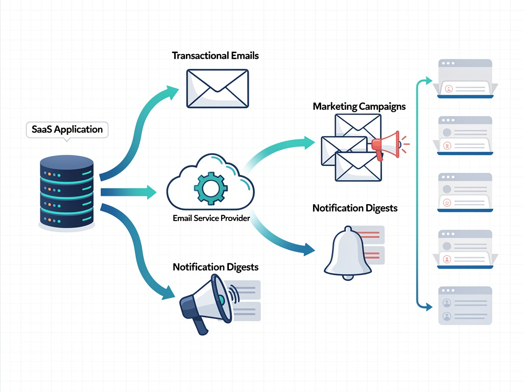 Email infrastructure diagram showing the flow from application events through email service providers to recipient inboxes, with branching paths for transactional emails, marketing campaigns, and notification digests, rendered in a clean infographic style with envelope icons and flow arrows
