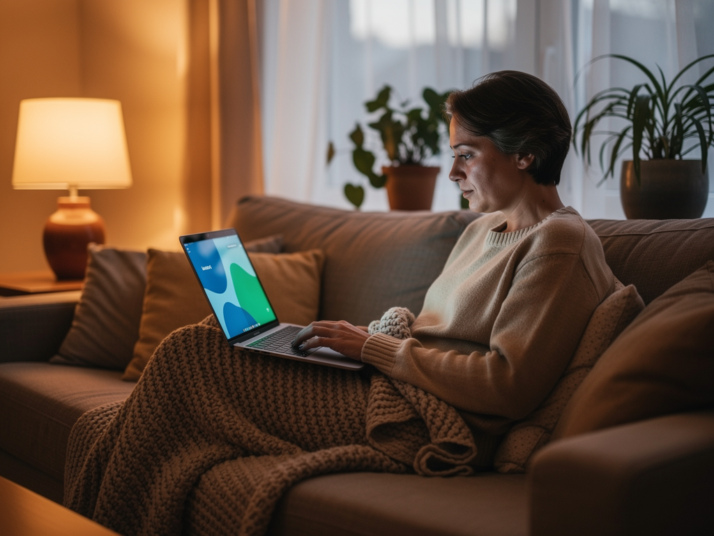 A person using a laptop at home, comfortable setting with cushions and blankets, engaging with online therapy resources, warm lamp light creating a cosy atmosphere for self-directed learning