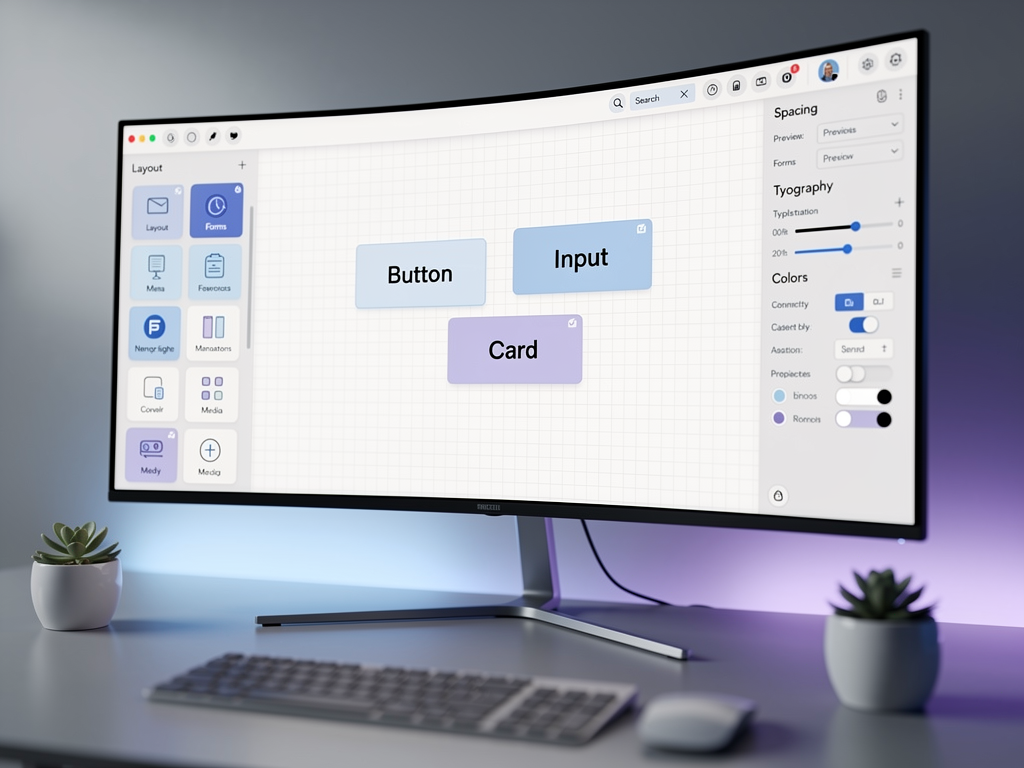 Screenshot mockup of a visual component editor interface showing a canvas area with draggable components, a left sidebar with component library categories, a right sidebar with property configuration panels, and a top toolbar with undo, redo, preview, and publish buttons