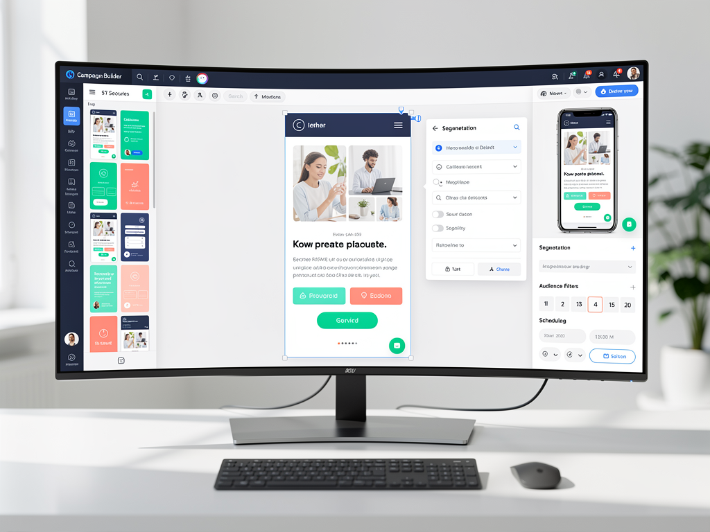 Email campaign builder interface showing drag-and-drop editor with template blocks, preview pane displaying rendered email on mobile and desktop, and sidebar with segmentation options and scheduling controls