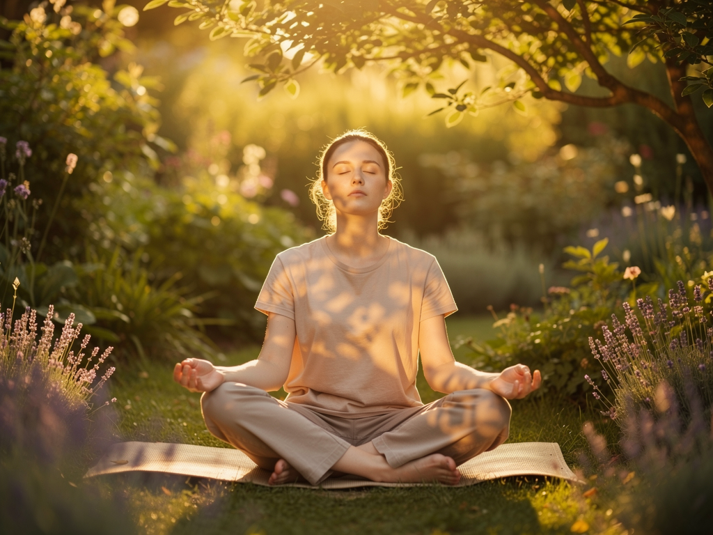 A person practising deep breathing outdoors in a peaceful garden setting, eyes closed, with dappled sunlight filtering through trees, embodying mindfulness and present-moment awareness