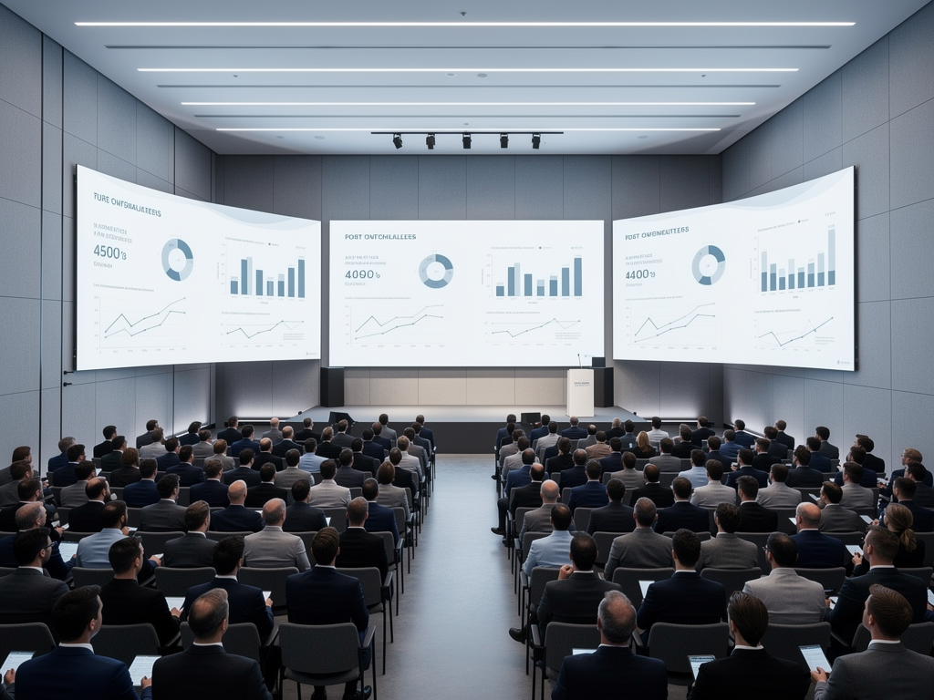 A large corporate auditorium filled with employees watching a presentation, with multiple large displays showing synchronized content, professional lighting illuminating the modern space with contemporary architectural details