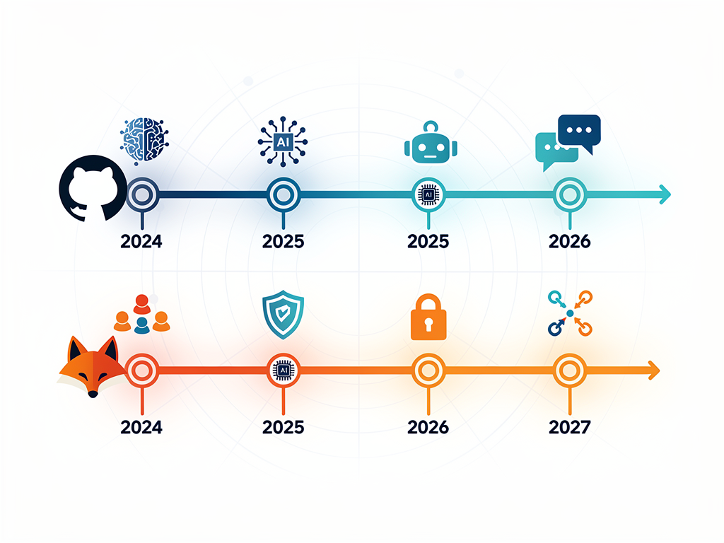 Future technology roadmap visualization showing GitHub and GitLab platform evolution timelines with AI integration milestones, security feature additions, and collaboration tool enhancements projected through 2027, using timeline graphics and feature icons