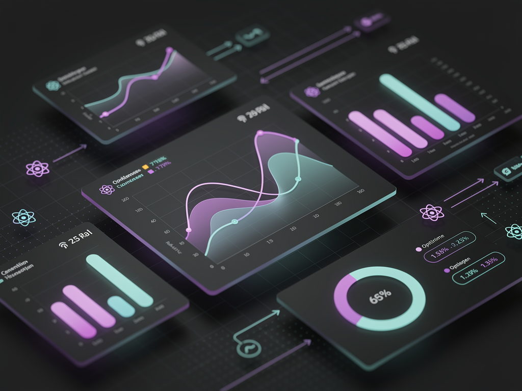 Screenshot of a modern SaaS analytics dashboard with multiple charts, data tables, and filter controls, showing performance metrics overlay indicating render times and optimization status, clean design with data visualization elements in purple and teal color scheme