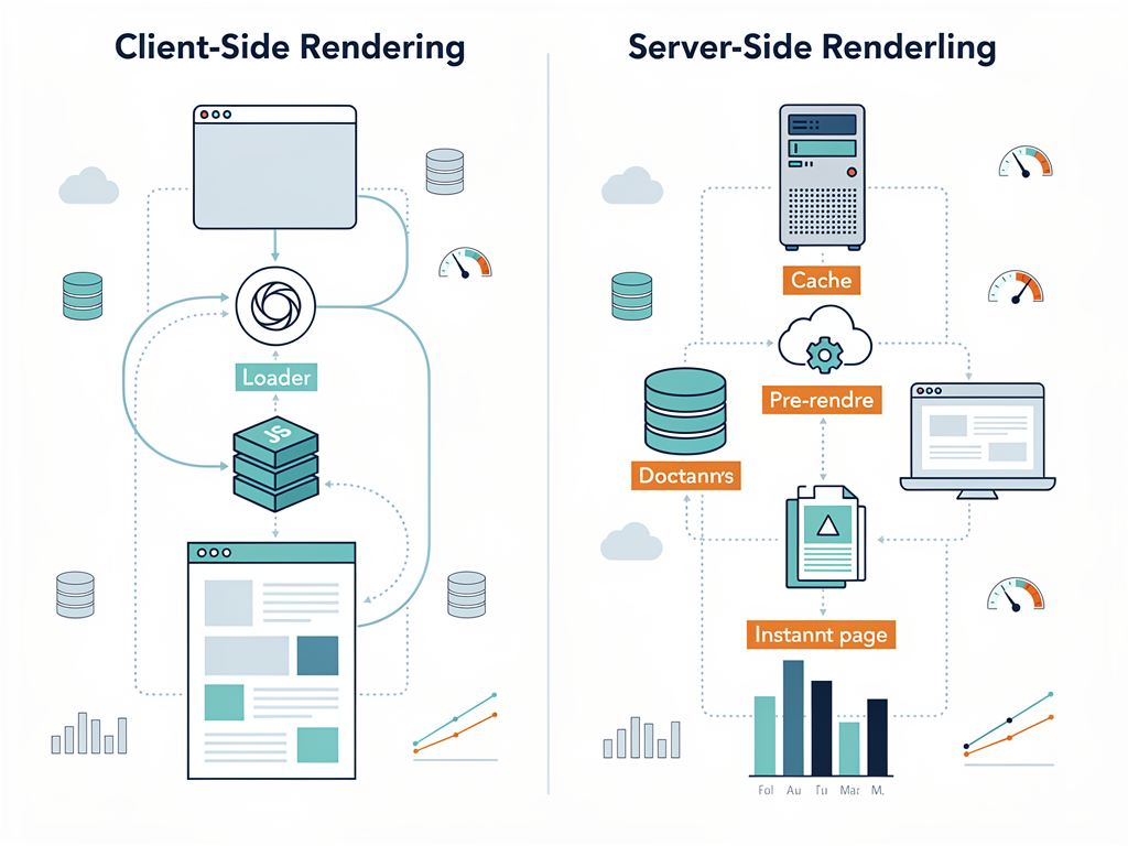 Infographic comparing the architecture differences between client-side rendered React applications and server-side rendered Next.js applications, showing data flow from server to browser with clean icons representing rendering strategies, caching layers, and user experience metrics in a modern data visualization style