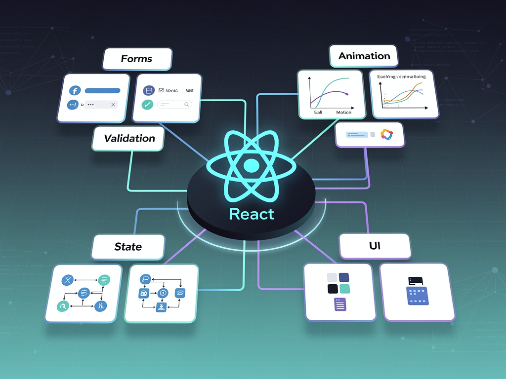 Grid layout showing popular React ecosystem libraries organized by category, with icons and logos for UI libraries like MUI and Chakra UI, state management tools like Redux and Zustand, form libraries like React Hook Form, and animation libraries like Framer Motion, using a clean card-based design with category labels and brief descriptions