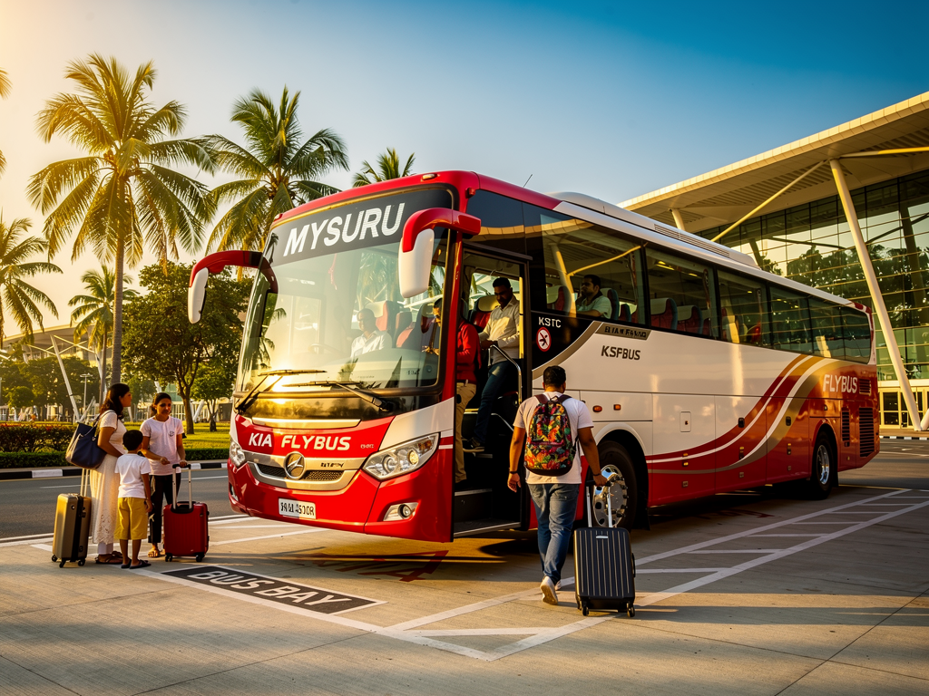 A modern Volvo Flybus parked at the Kempegowda International Airport bus terminal, showing the distinctive KSRTC branding and passengers boarding with luggage under bright morning sunlight