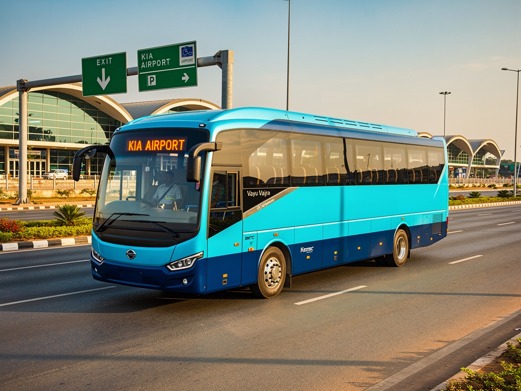 A BMTC Vayu Vajra bus traveling on a wide multi-lane highway approaching Kempegowda International Airport, with the airport terminal visible in the background, clear blue sky above, and road signage indicating the airport exit