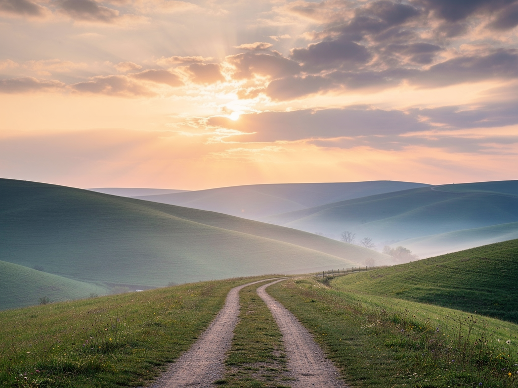 A sunrise over a calm landscape with rolling hills and scattered clouds, symbolising hope, new beginnings, and the possibility of positive change through therapeutic support