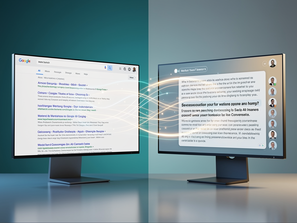 Split screen comparison showing traditional Google search results on left with blue links and snippets, and AI-powered search interface on right displaying synthesized answer with cited sources, visual demonstration of how content appears differently across search experiences