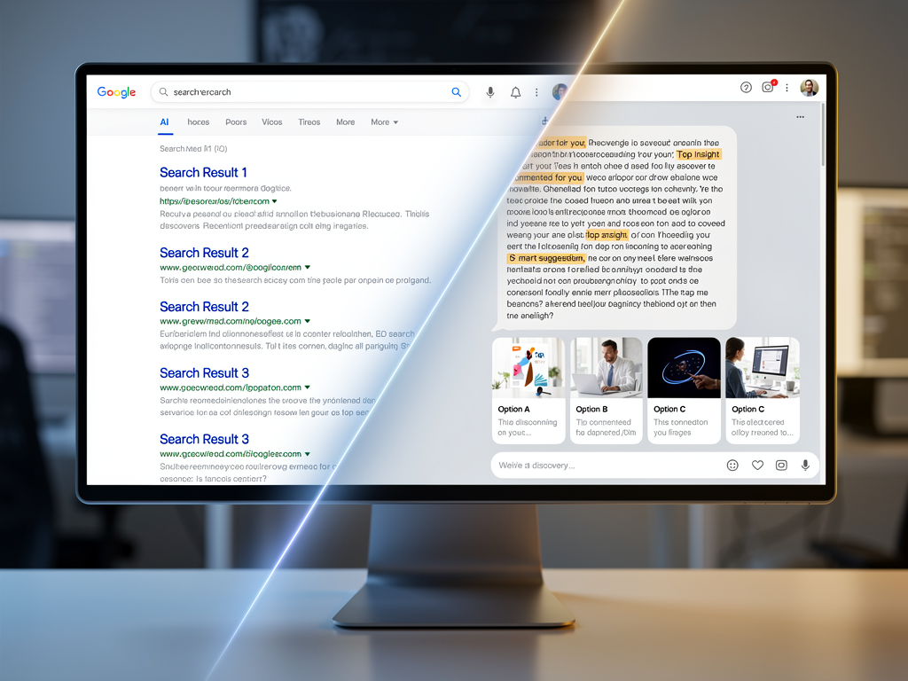 Split-screen visualization showing traditional Google search results with ten blue links on the left side versus an AI-powered search interface displaying a synthesized conversational answer with embedded brand recommendations on the right side, illustrating the fundamental shift in how users discover information online