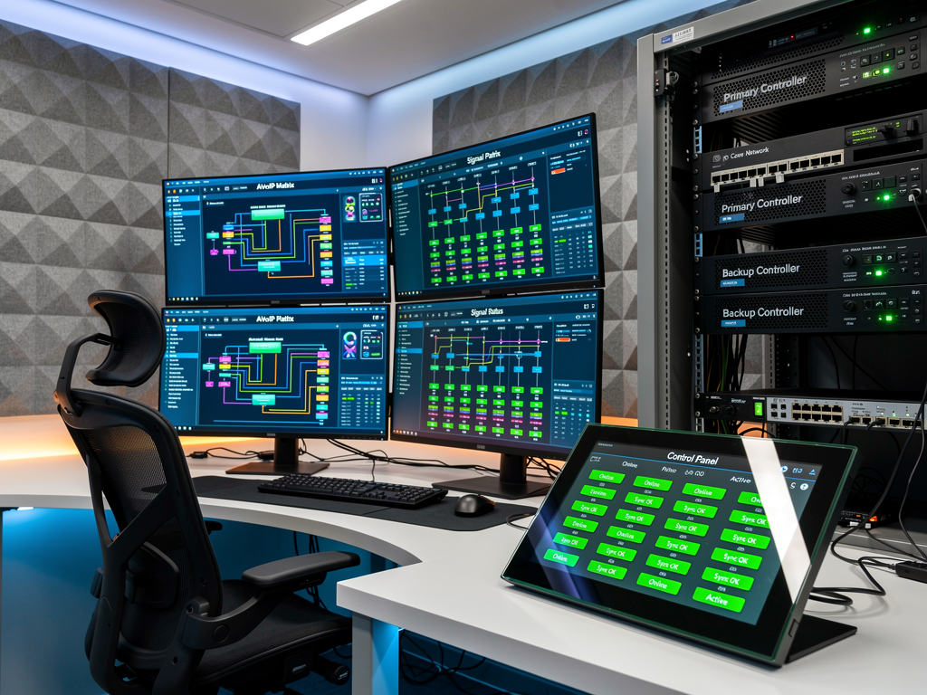 Control room operator workstation with dual monitors displaying AVoIP routing matrix software, touch panel interface showing system status, backup control processor visible in adjacent rack with synchronized status indicators, professional broadcast control room with acoustic treatment panels