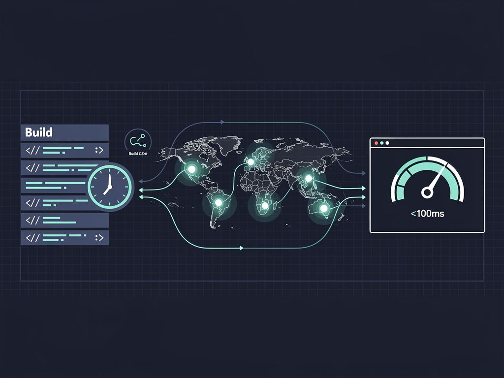 Flowchart illustrating the static site generation process in Next.js, showing build time on the left where pages are pre-rendered, CDN distribution in the middle with global edge locations marked on a world map, and user requests on the right receiving instant responses, with timing indicators showing sub-100ms response times