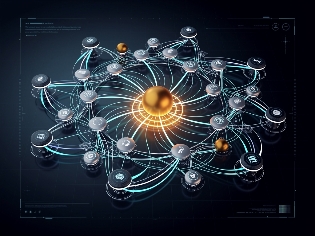 Network visualization showing interconnected website nodes with backlink relationships highlighted, featuring a central hub website receiving links from multiple authority sources, displayed in a modern data visualization style with glowing connection lines and domain authority indicators