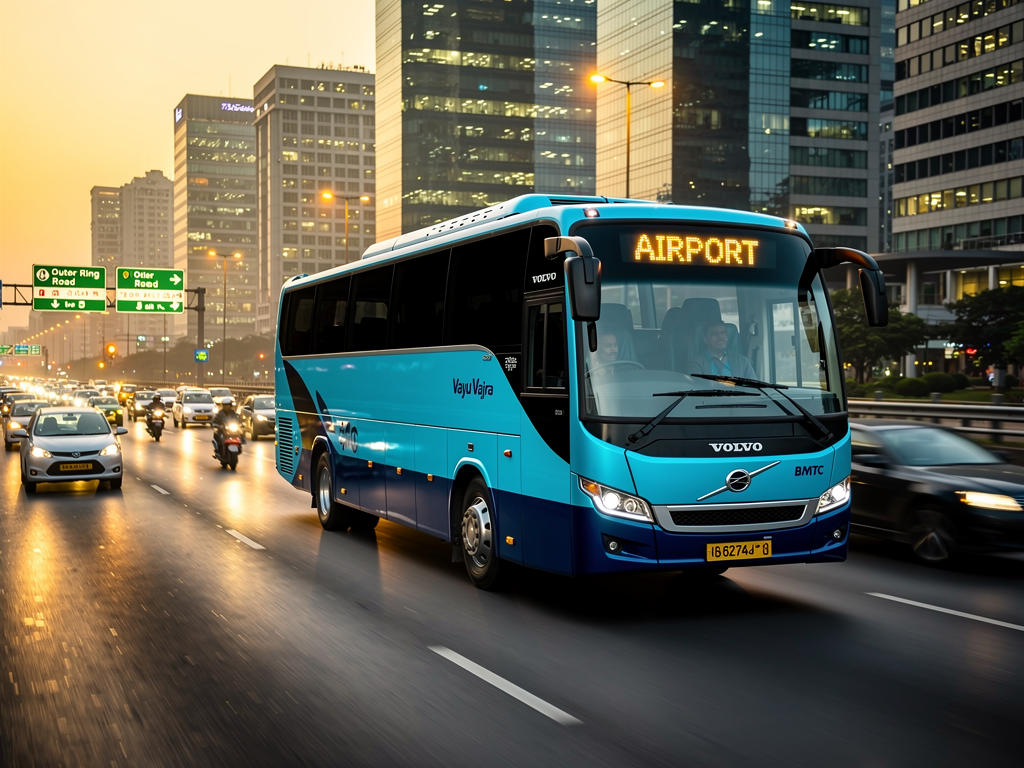 A BMTC Vayu Vajra Volvo bus navigating through Bangalore's Outer Ring Road during evening rush hour, the bus's amber LED destination display showing "AIRPORT" clearly, city lights beginning to illuminate in the background, the sleek blue coach contrasting against the urban landscape