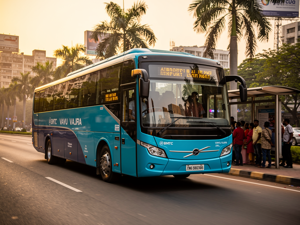 A cyan-blue BMTC Vayu Vajra Volvo bus with dark blue lower panels stopped at a busy urban transit station, passengers boarding through the front door, LED destination display showing airport route information, morning sunlight reflecting off the large tinted windows