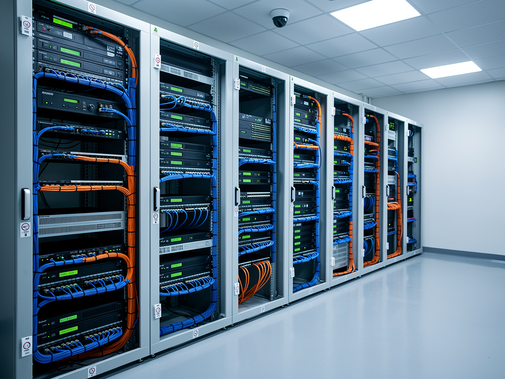 A secure telecommunications room with organized cable management, locked equipment racks containing network switches and AVoIP devices, bright overhead lighting illuminating the clean installation with visible security cameras monitoring the space