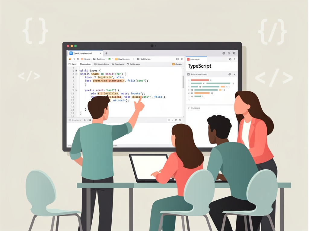 Team meeting scene with developers gathered around a screen showing a TypeScript playground, engaged discussion about type designs, modern office environment with collaborative atmosphere, warm lighting and professional setting